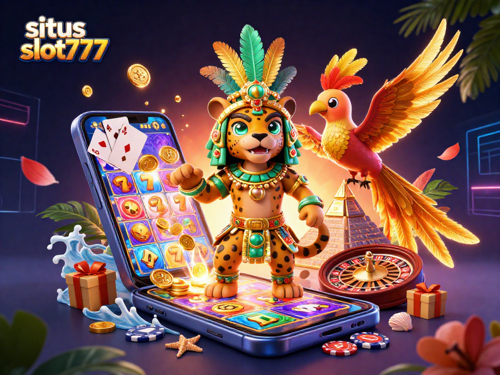 Experience gaming excitement with situs slot777 featuring dynamic elements like golden coins and colorful slot games.