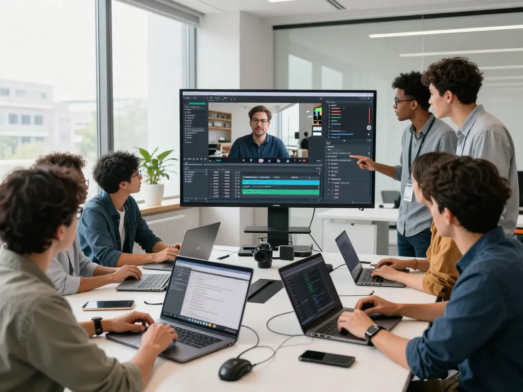 Video to prompt generation collaboration scene in a bright office, showcasing diverse professionals analyzing video content.