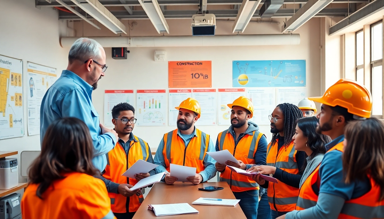 Participants engage in construction safety training with an instructor demonstrating key protocols.