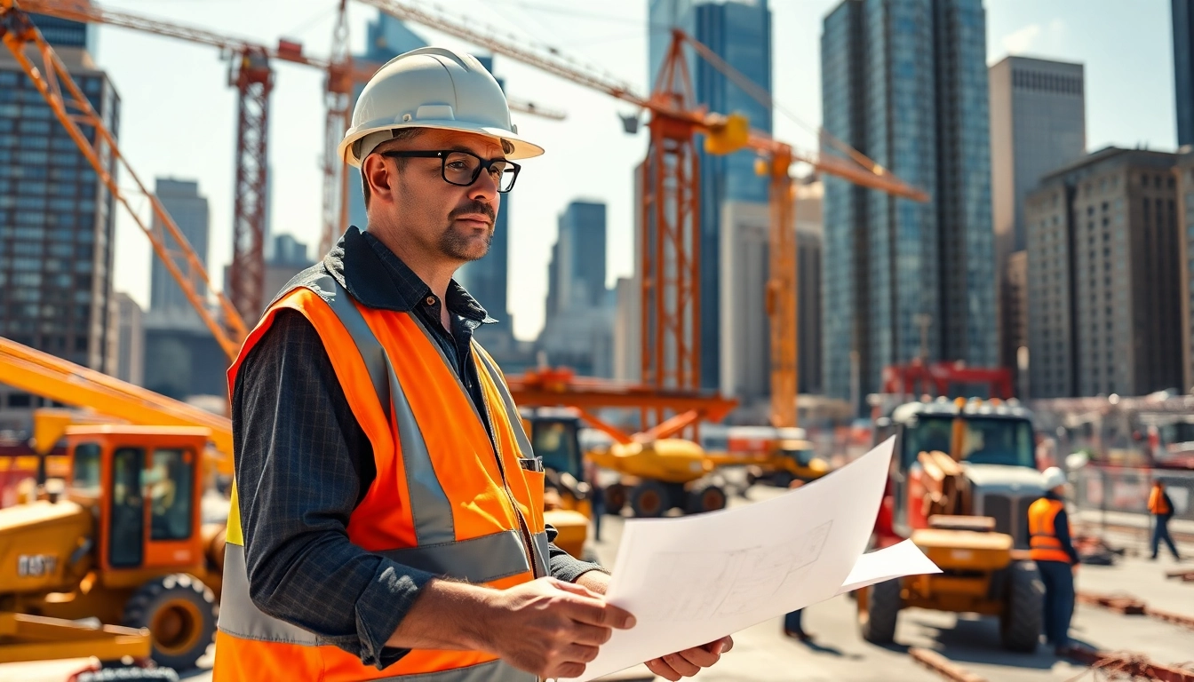 New York City Construction Manager overseeing an urban construction site bustling with activity.