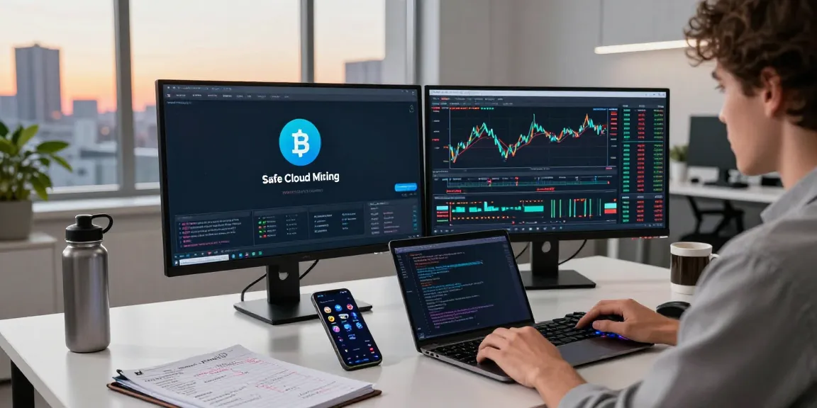 Safe cloud mining service setup in a modern crypto trading workspace with real-time data displays, digital wallet, and trading tools.