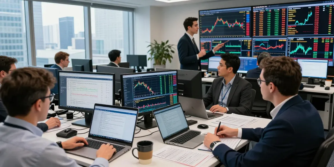 Traders analyzing commodities price tracker data on screens in a dynamic financial environment