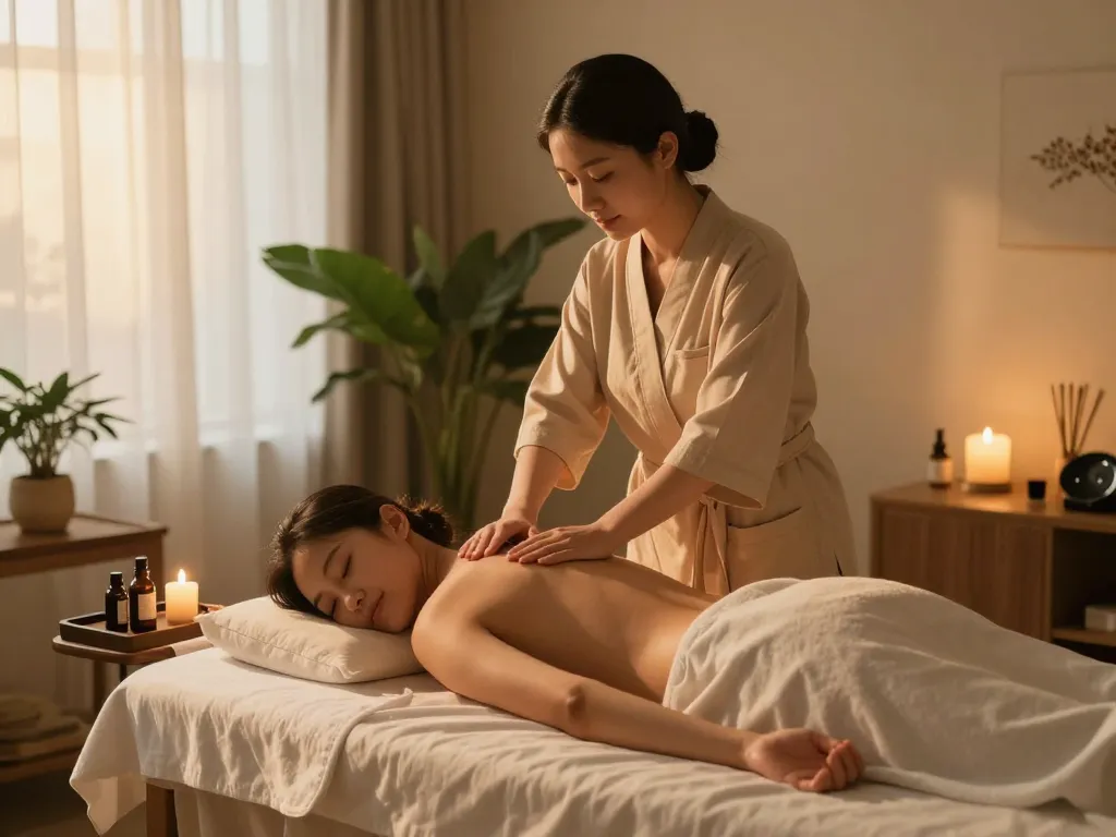 Professional therapist preparing massage oils at www.maxim-anma.net serene home setting.