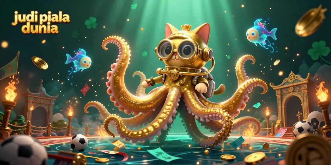 Experience judi piala dunia in a vibrant illustration featuring a kraken and diving cat.