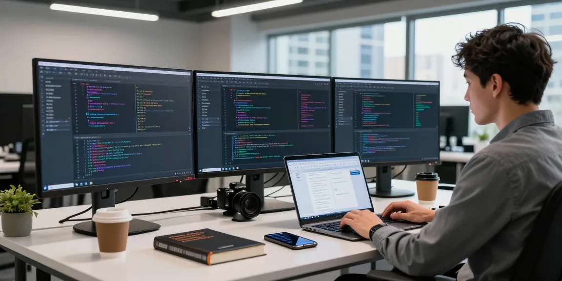 Developer focusing on 纸飞机下载 at a modern tech workspace, surrounded by multiple screens and project materials.