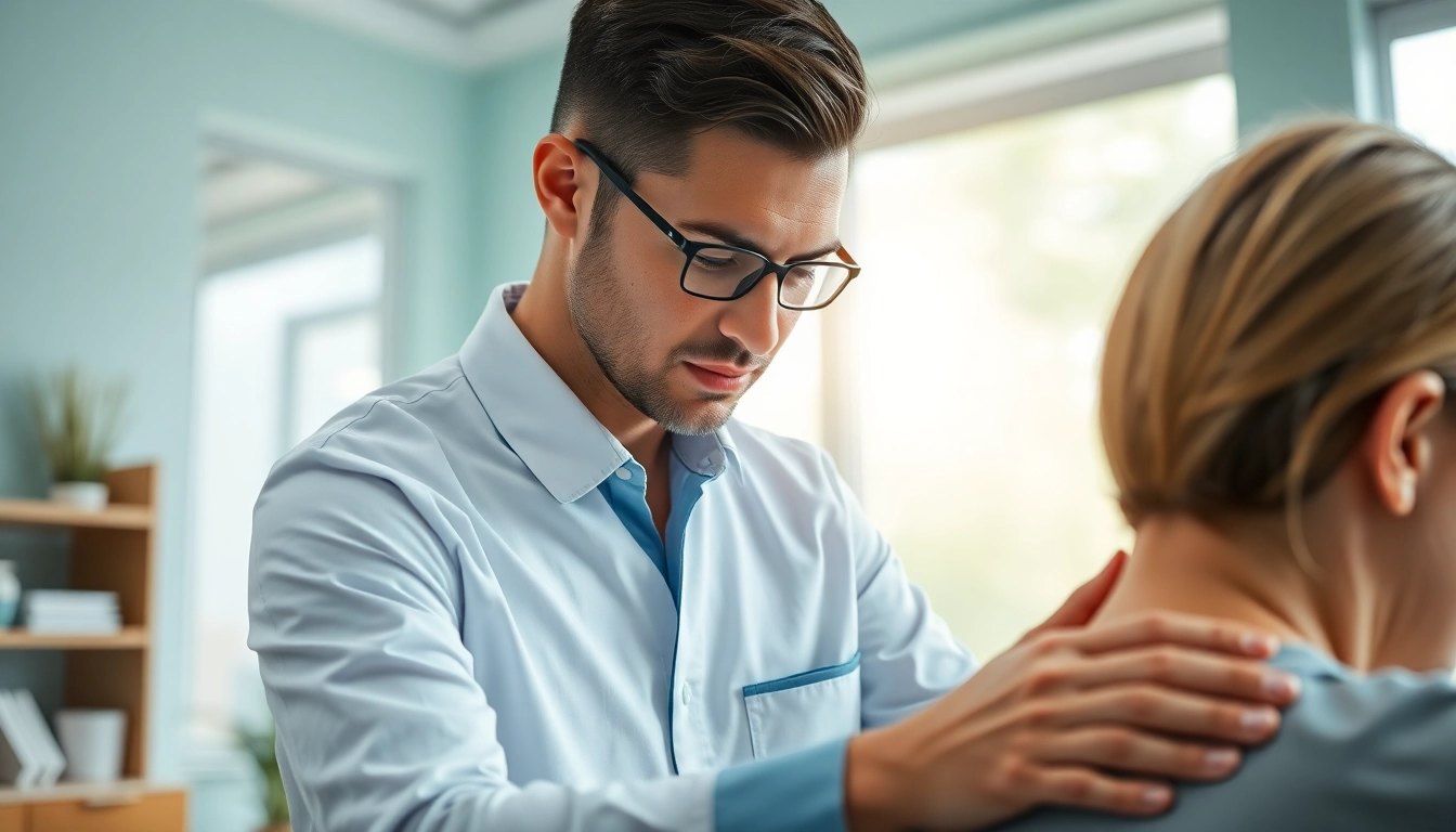 Chiropractor near me assisting a patient with spinal adjustments in a calming clinic.