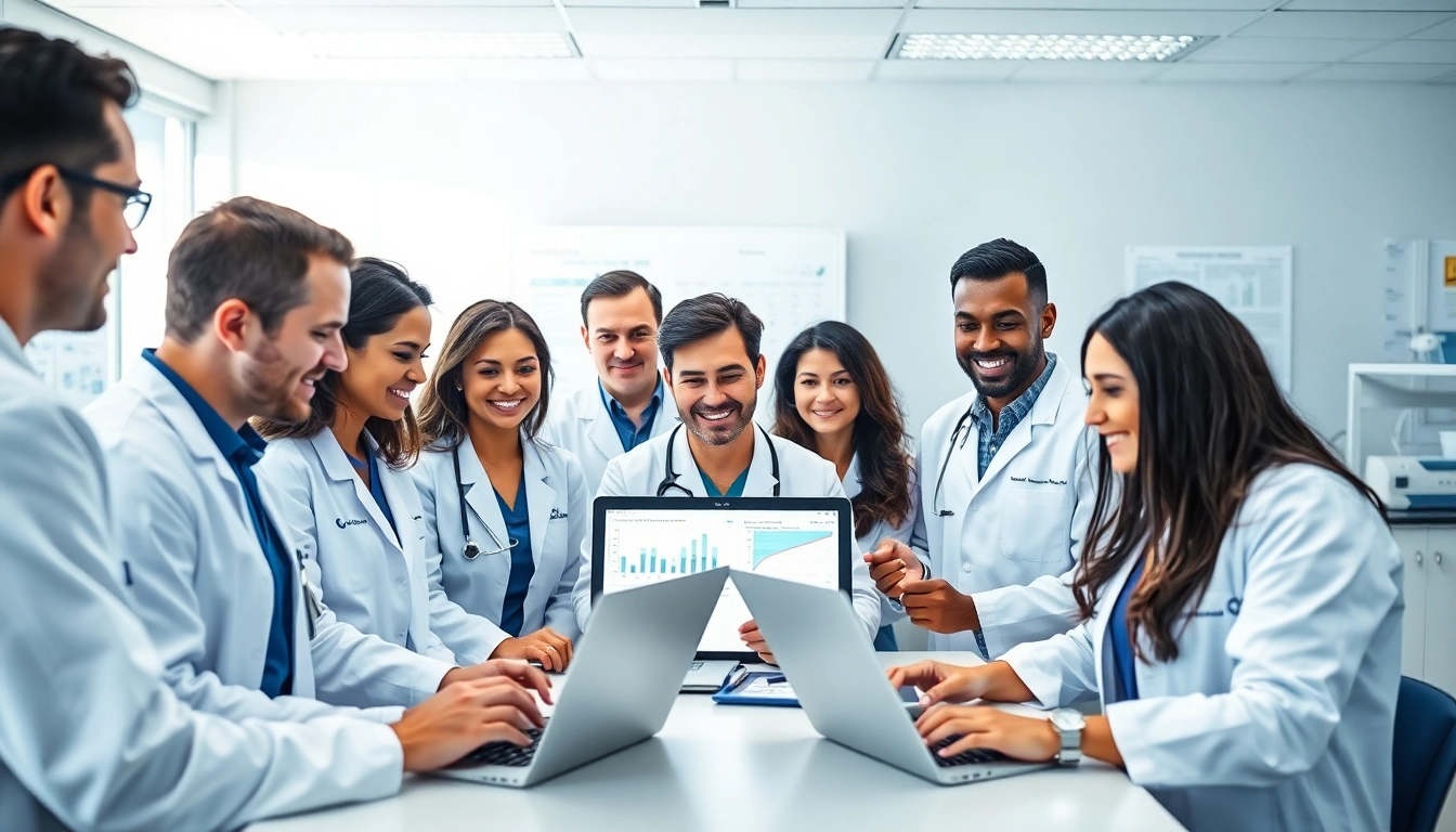 Engaged researchers collaborating on the ADAPTABLE Aspirin Study in a bright modern lab.