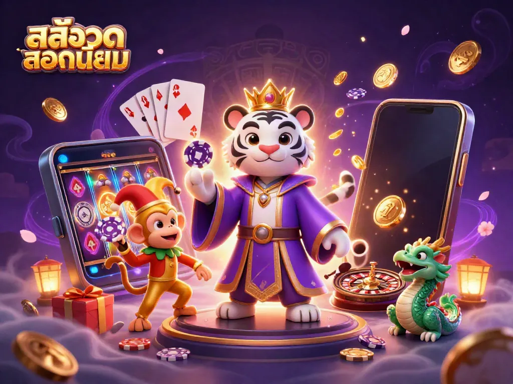 Engage with สล็อตยอดนิยม showcasing an energetic scene with a tiger, monkey, and dragon amidst vibrant casino elements.