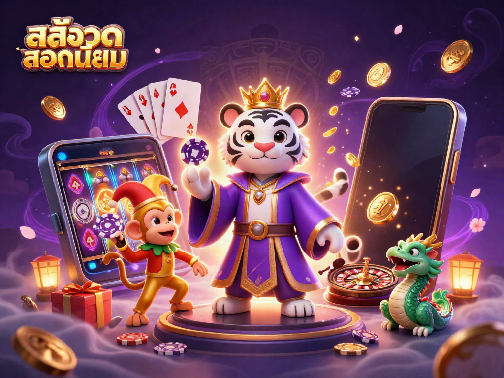 Engage with สล็อตยอดนิยม showcasing an energetic scene with a tiger, monkey, and dragon amidst vibrant casino elements.