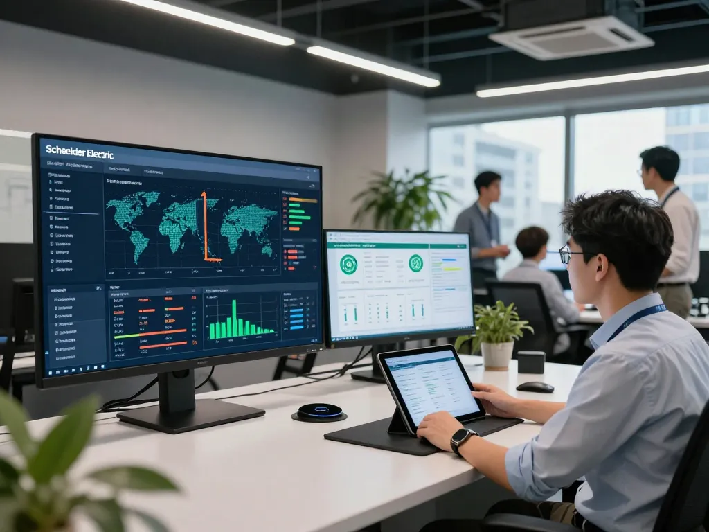 Engineers analyzing Schneider Electric's energy dashboard in a modern control room.
