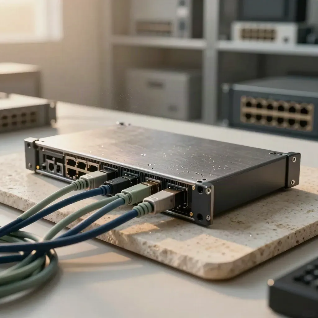 Server blade, fiber leads, connector blocks, and router module on rain-washed stone.