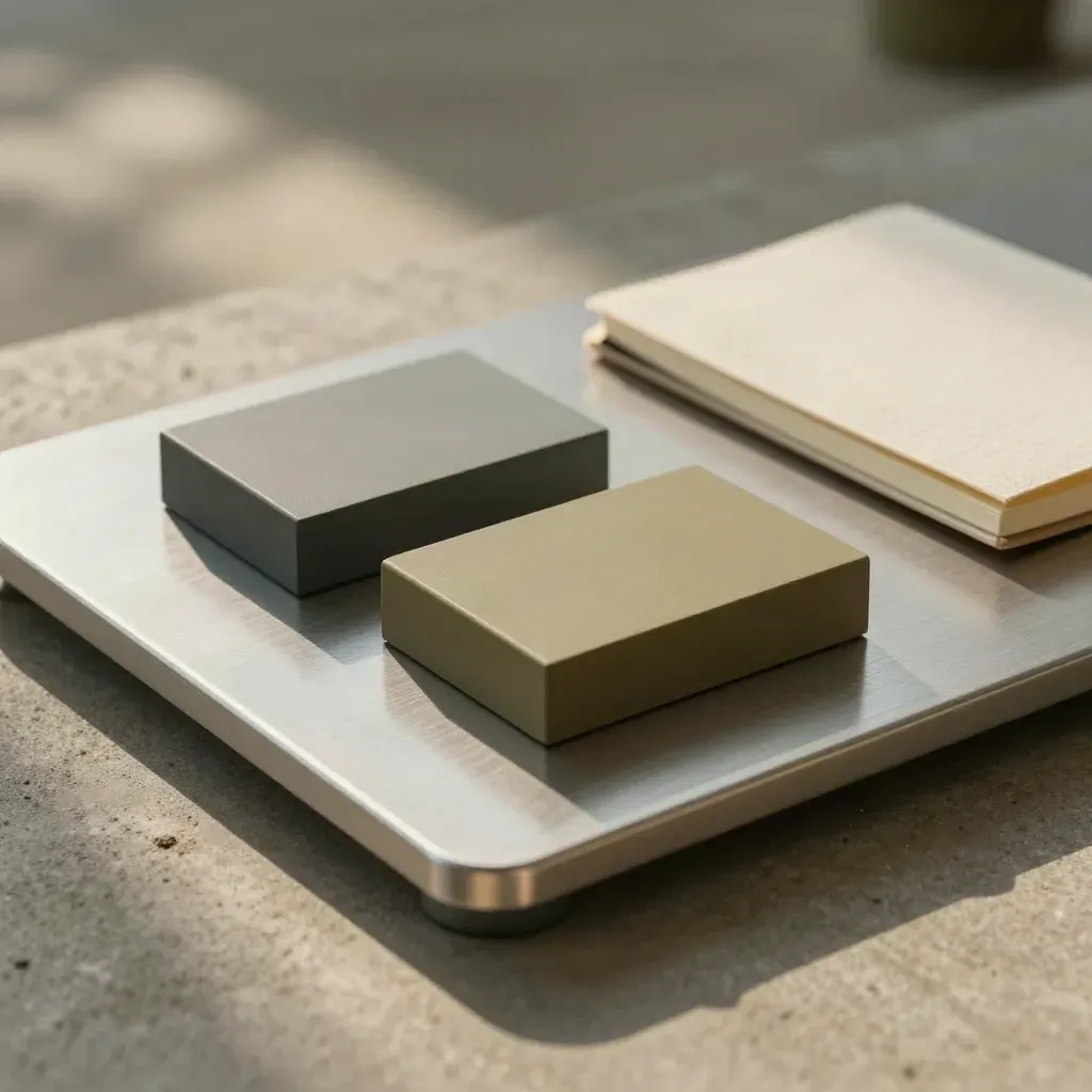Top-down still life of a task tray, modular blocks, and folded notebook on concrete