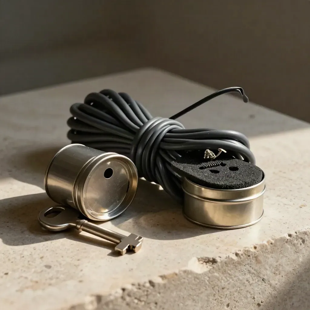 Cable bundle, screw tin and anti-static foam on pale stone in a dramatic still life with soft bokeh.