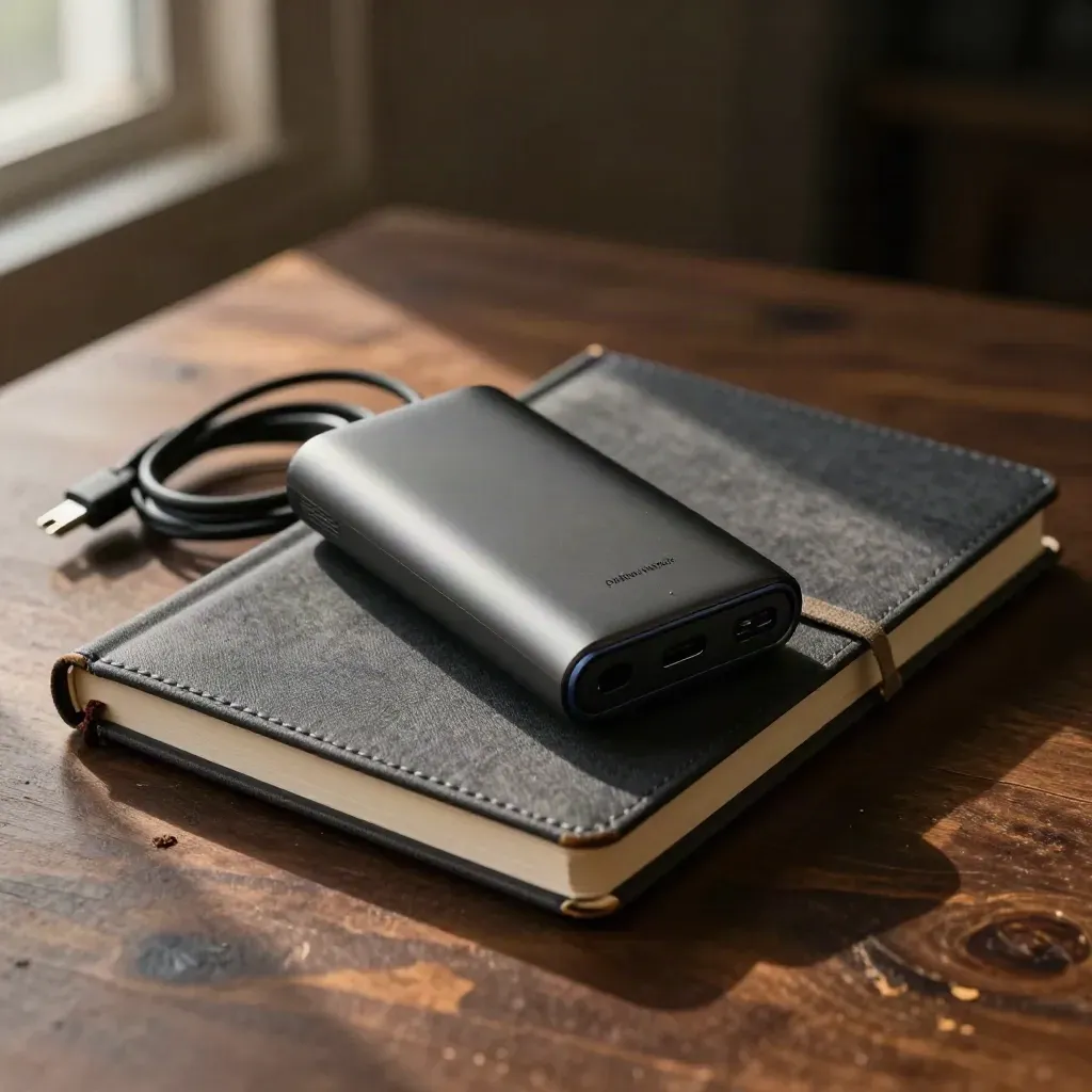Closed notebook, travel power bank, and cable loop on dark walnut in soft evening light.