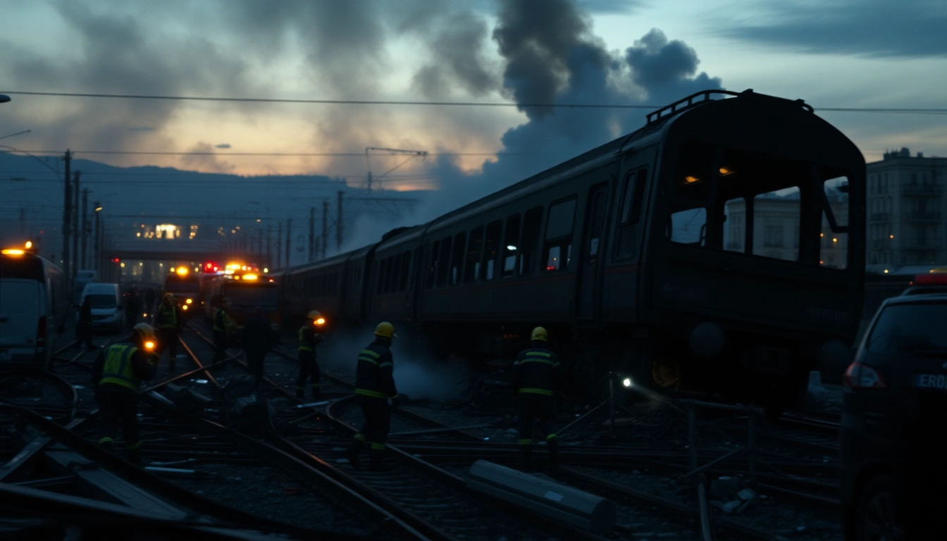 spain train crash site with emergency responders aiding survivors amidst wreckage.