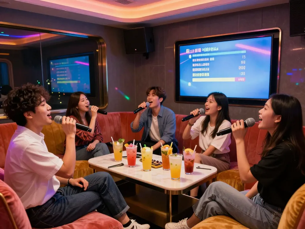 서구청쓰리노 노래방에서 활기찬 밤을 즐기는 친구들, 생동감 넘치는 분위기를 보여줍니다.