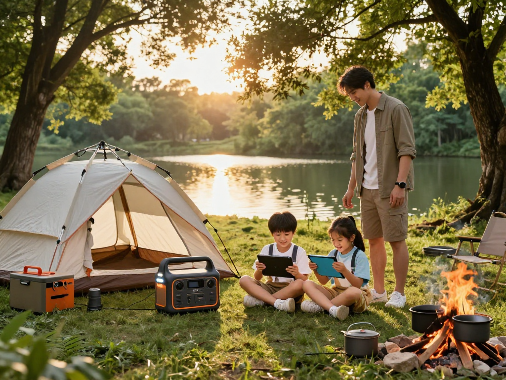Family using an OEM portable power station while camping in the forest, charging devices and enjoying nature.