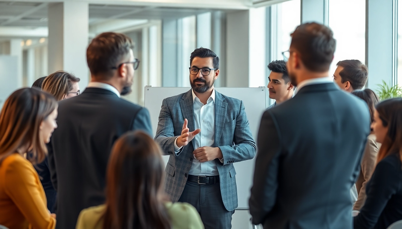 Executive Communication Coach leading an engaging workshop with professionals in a modern office.