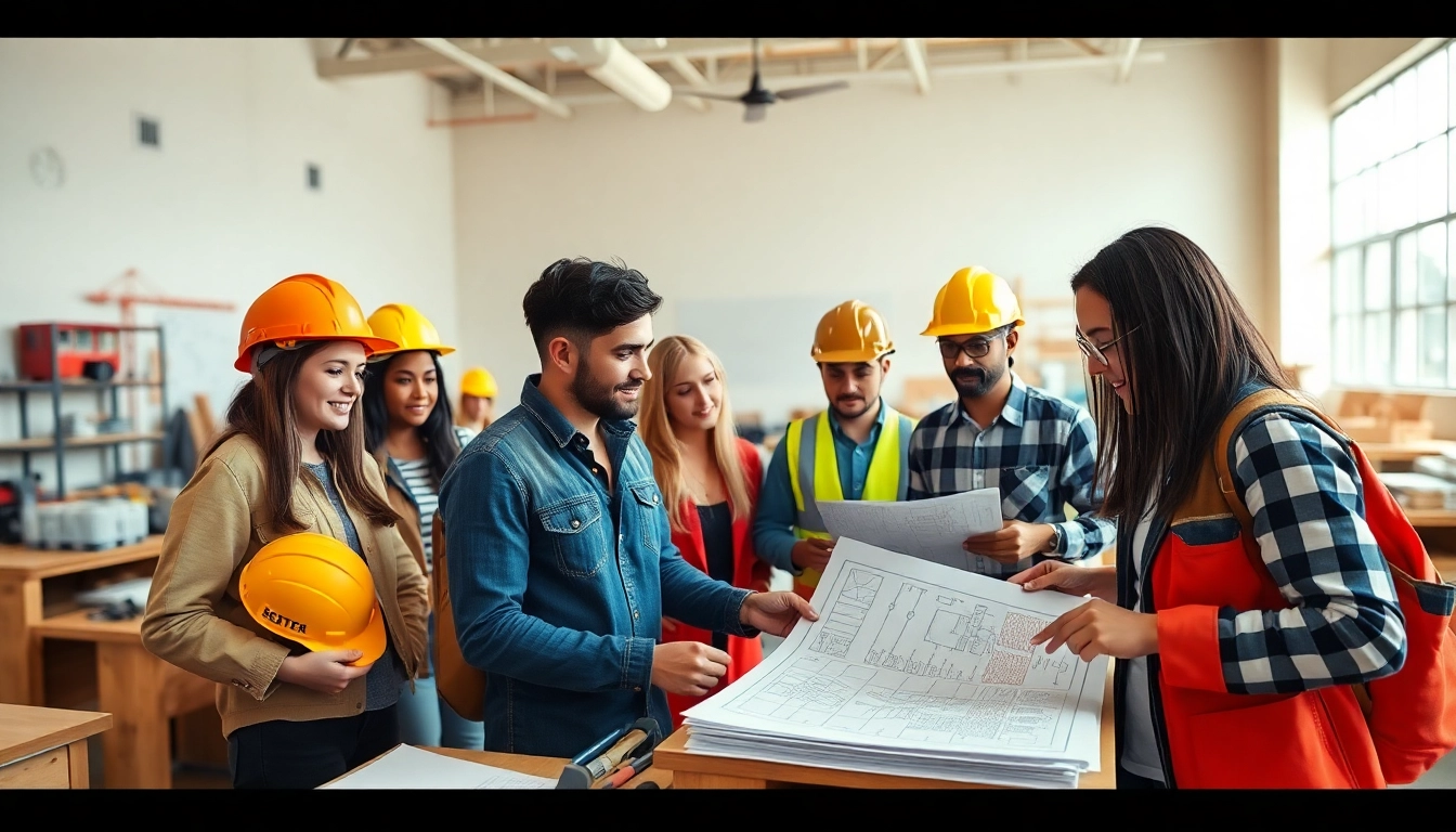 Students participating in construction education training with real materials and tools.