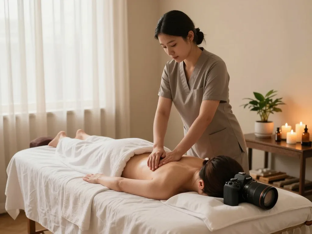 촛불과 부드러운 조명이 있는 평화로운 스파 환경에서의 편안한 삼산동마사지 세션