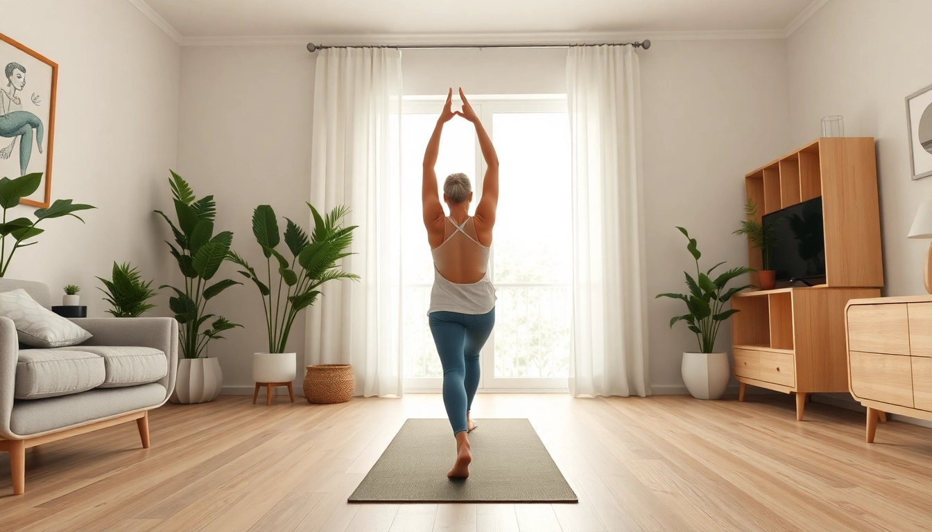 Practicing yoga for a natural back pain solution in a peaceful home office setting.