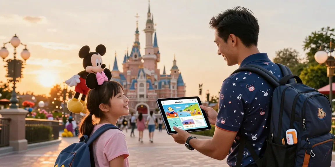 Disney travel agent crm showcased on tablet during family trip planning at a Disney-themed location, highlighting magical itineraries and joyful atmosphere.