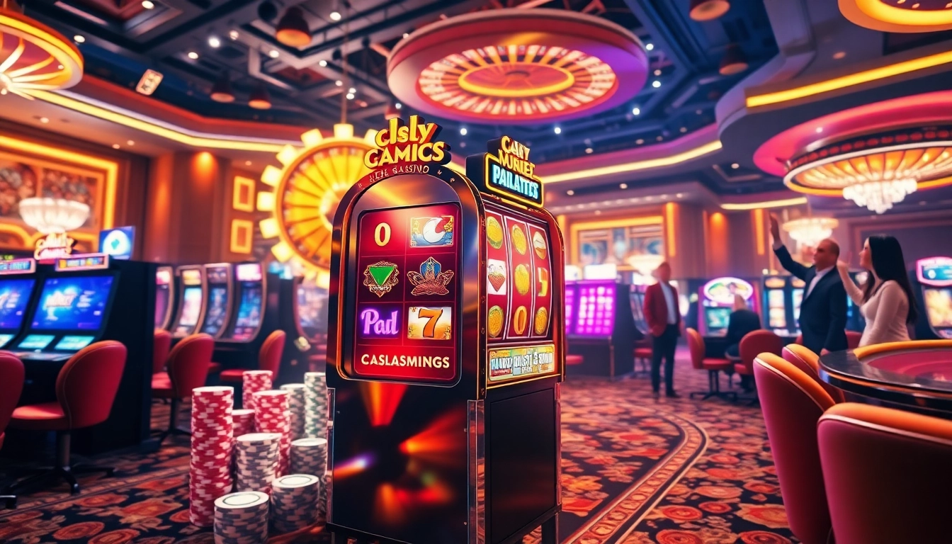 Play a thrilling pragmatic slot machine in a lively casino setting with poker chips and a roulette wheel.