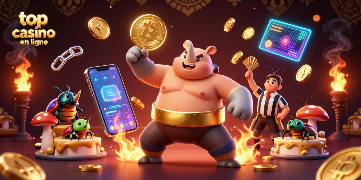 Top casino en ligne : illustration dynamique d'un scorpion sumo champion entouré de pièces d'or et d'éléments crypto