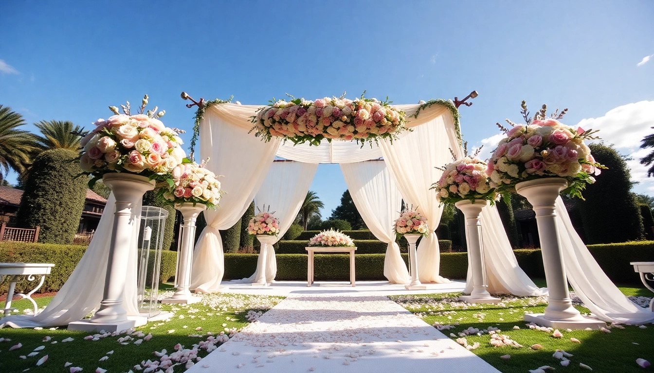 Lovely setup at Jacksonville Wedding Venue with floral decorations and garden backdrop.