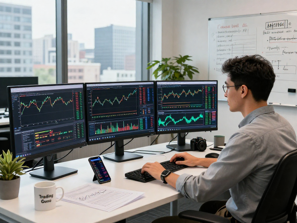 Trader analyzing TradingView charts in a modern office with multiple monitors and financial reports.