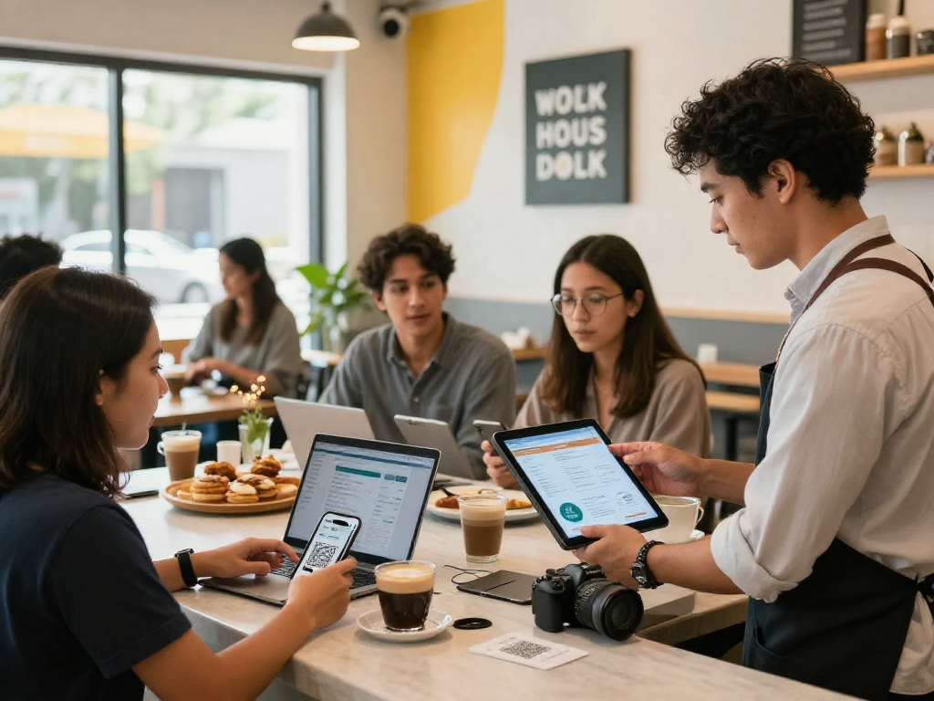 Engaged customers using the loyalty application to collect rewards in a modern coffee shop.