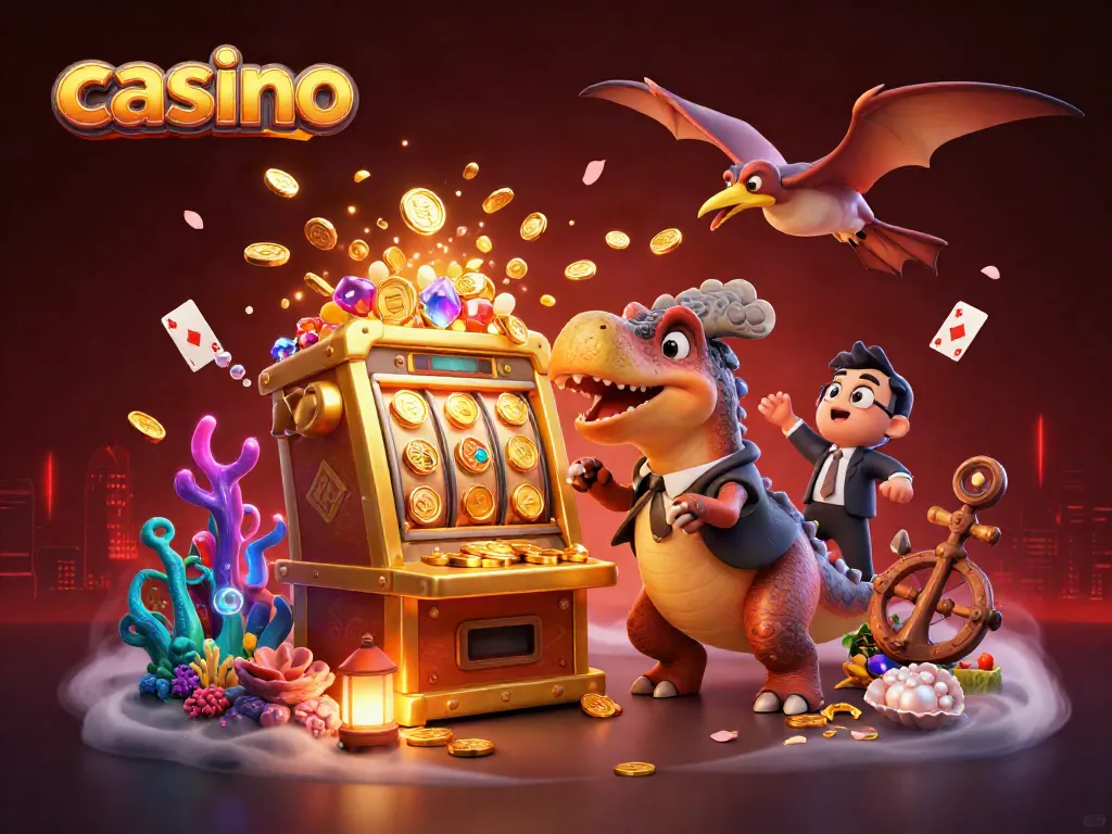 Experience the excitement of a cartoon casino scene with a dinosaur headbutting a slot machine for a jackpot.