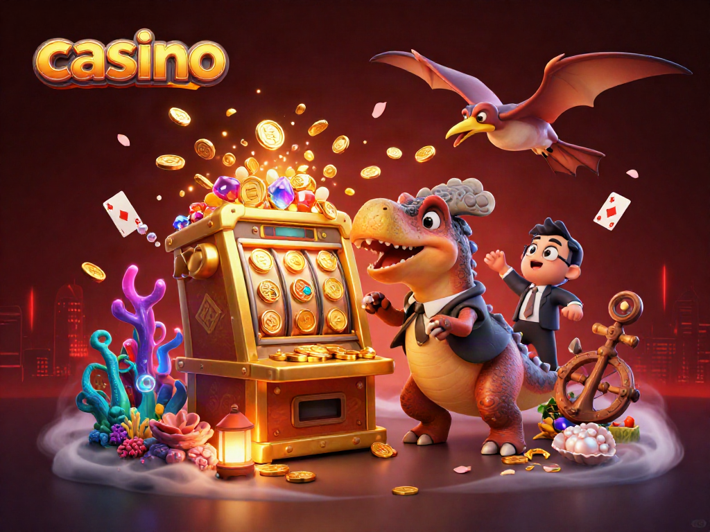 Experience the excitement of a cartoon casino scene with a dinosaur headbutting a slot machine for a jackpot.