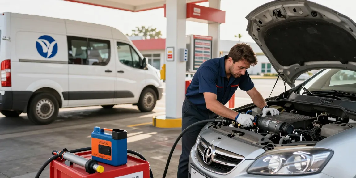 Technician providing quick assistance for wrong fuel in car at a gas station.