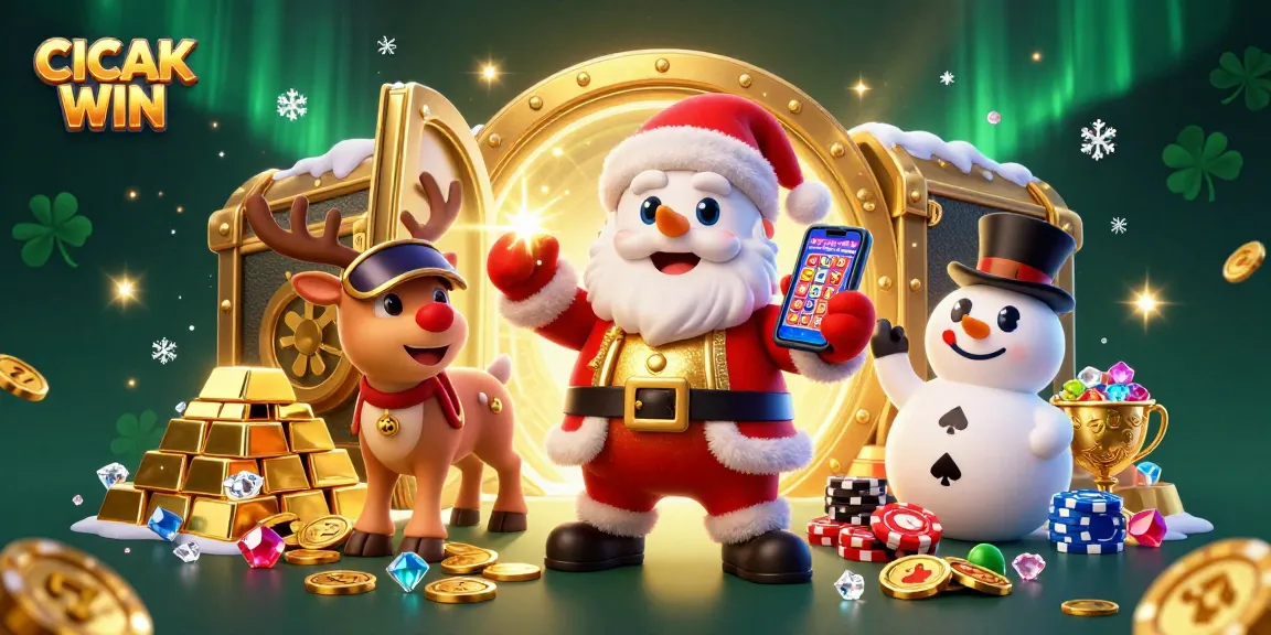 CICAK WIN showcases a festive casino scene with Santa, reindeer, and snowman celebrating jackpots amidst sparkling treasures.