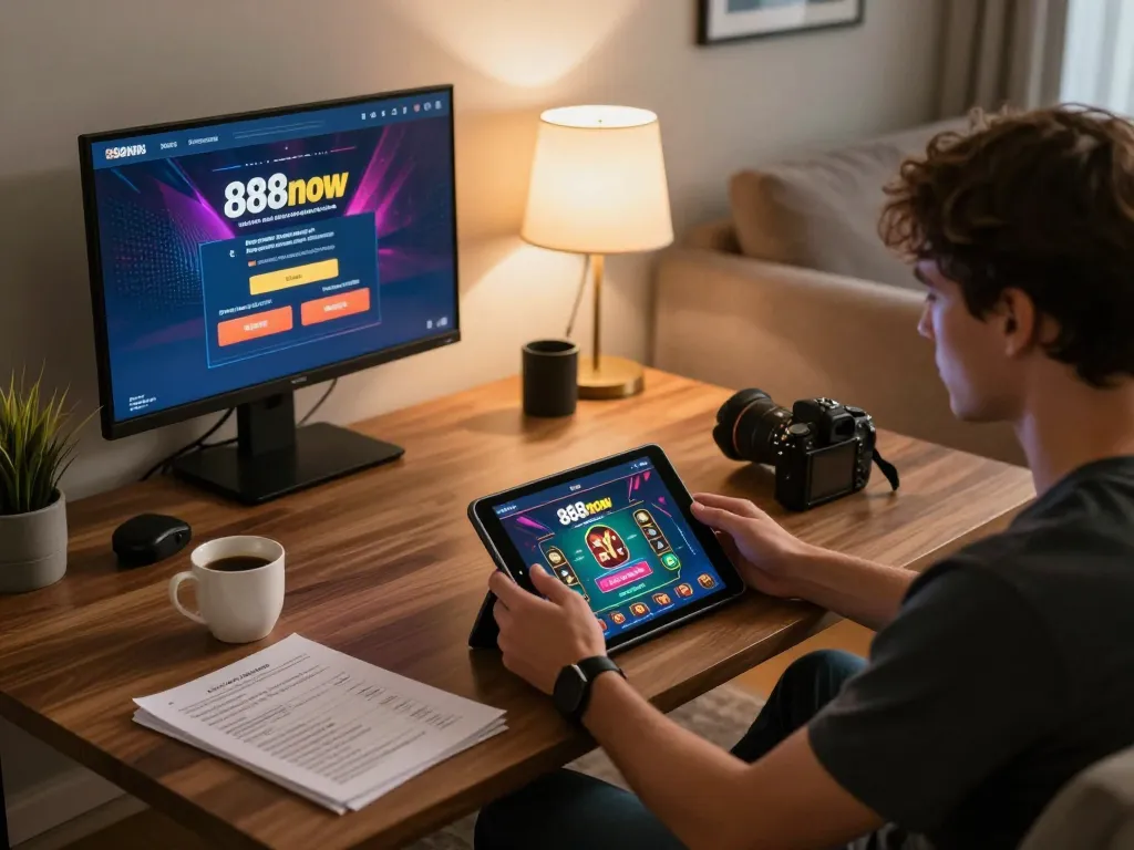 Engaging scene of a user focused on online gaming with 888now đăng nhập on the tablet, set in a cozy atmosphere.