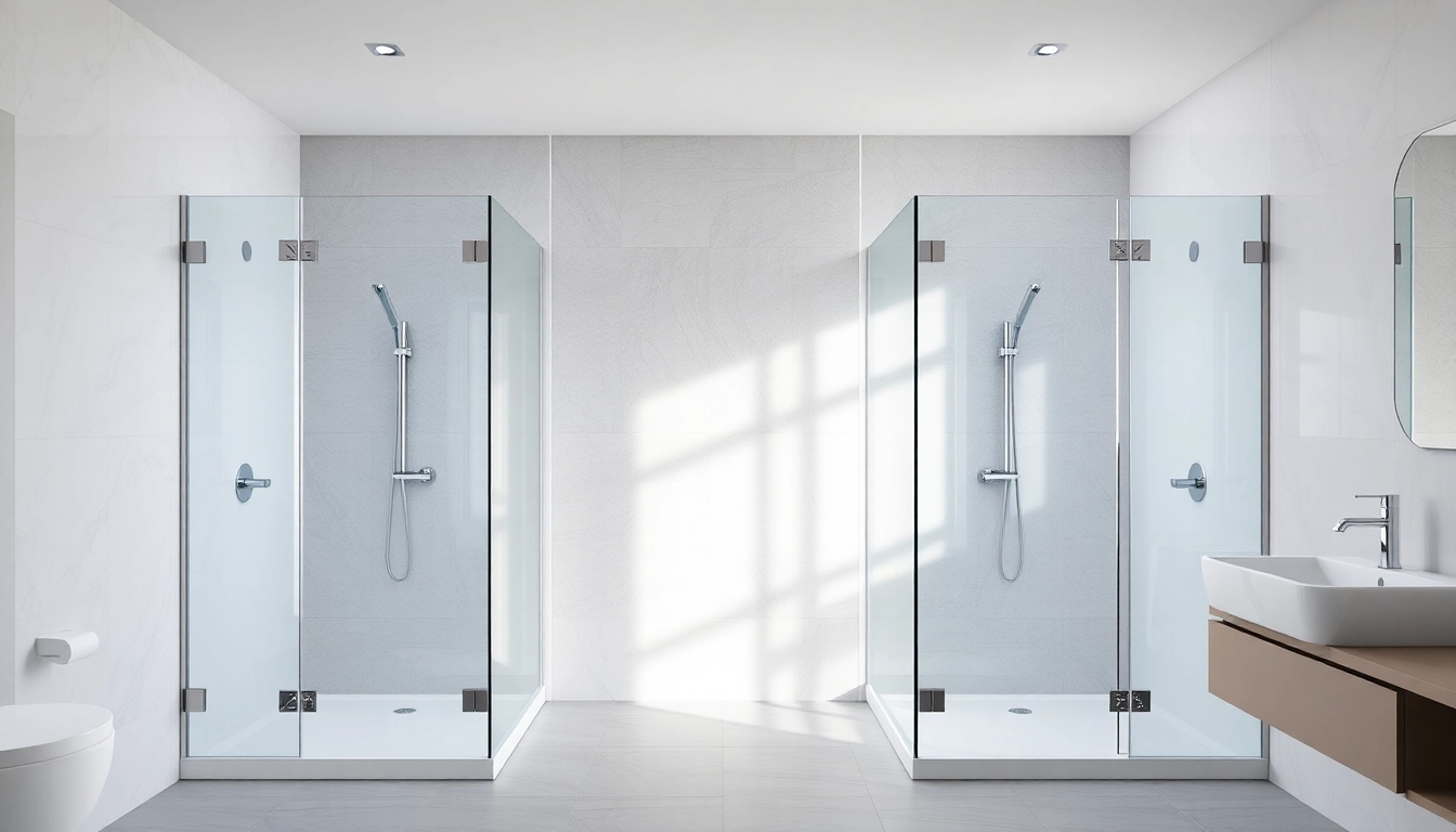 Experience elegant showers in a sleek, modern bathroom with glass enclosures and serene decor.