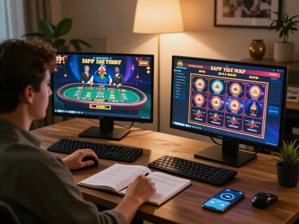 Engaged player enjoying online casinos Canada with a vibrant gaming setup at home