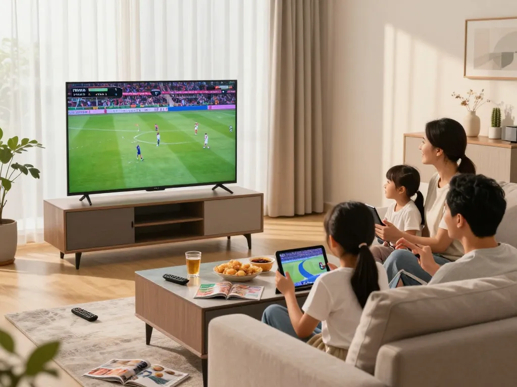Gezin kijkt naar IPTV TV in een gezellige woonkamer, benadrukt de gezinsverbinding en entertainment.