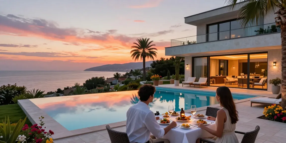 Luxury villa in Albania with an infinity pool overlooking the sea at sunset, inviting a serene lifestyle.