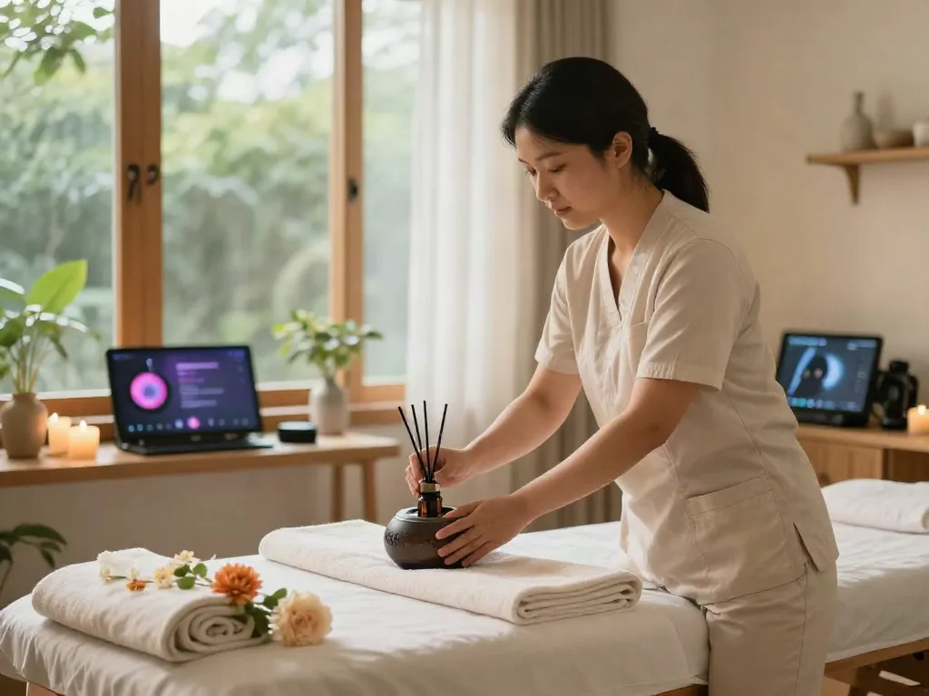 Relaxing 오산출장마사지 setup with therapist preparing tranquil room and essential oils.