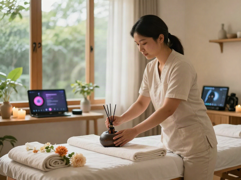 Relaxing 오산출장마사지 setup with therapist preparing tranquil room and essential oils.