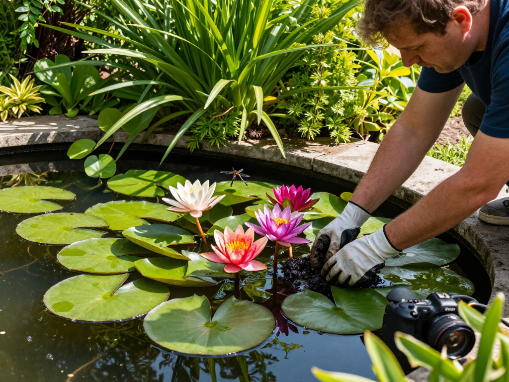 British pond plants flourishing in a serene garden pond setting with vibrant colors and natural sunlight.