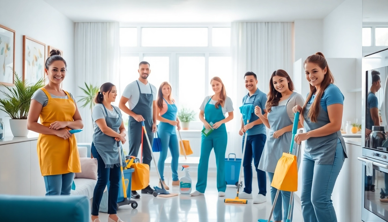 Cleaning service professionals efficiently tidying a modern home, creating a welcoming environment.