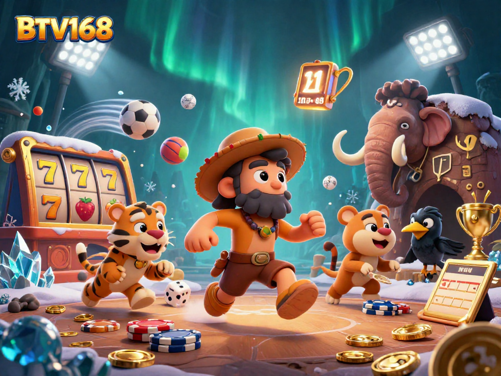 BTV168 unlocks winning strategies in a dynamic prehistoric casino scene with cartoon characters.