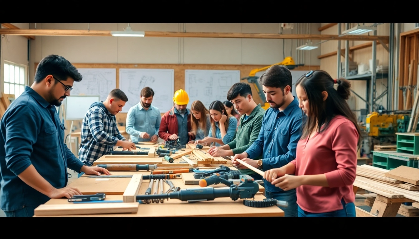 Students practicing construction classes in a vibrant workshop environment with hands-on learning.