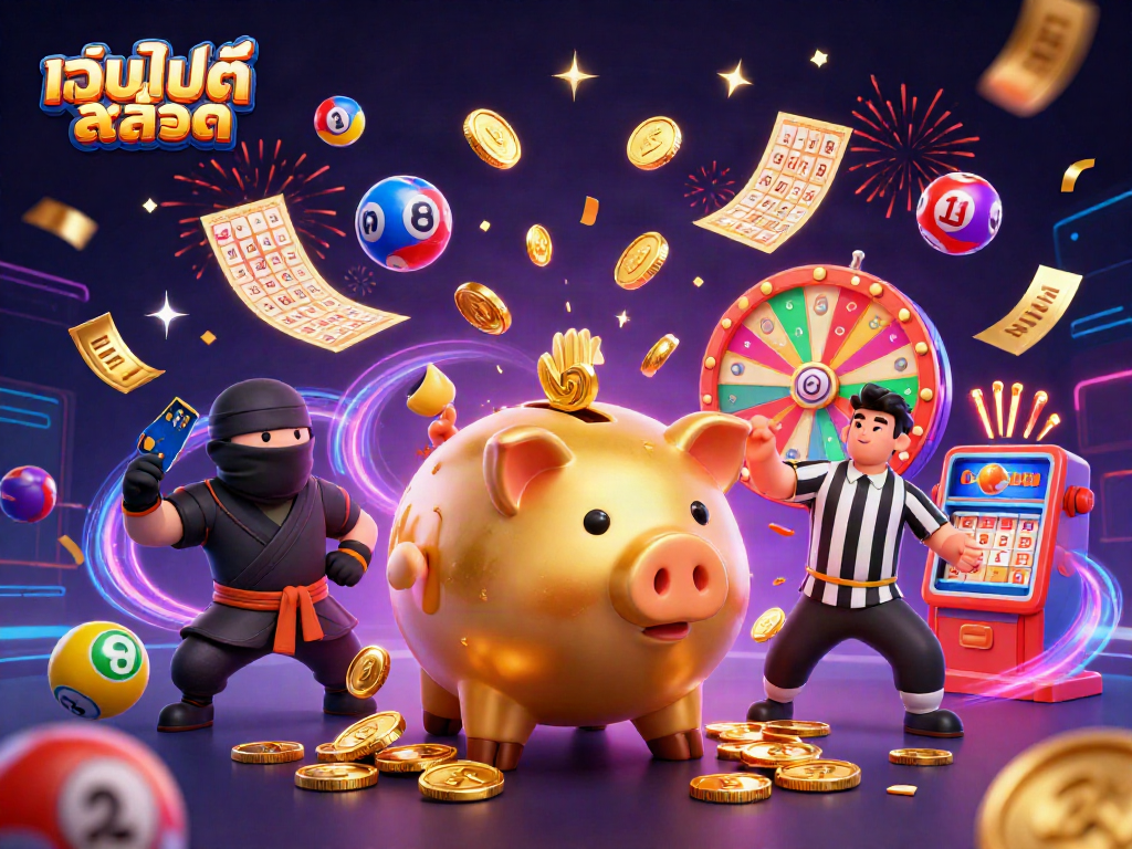 Spin the reels at เว็บไซต์สล็อต featuring an energetic piggy bank sumo wrestler shaking coins loose!