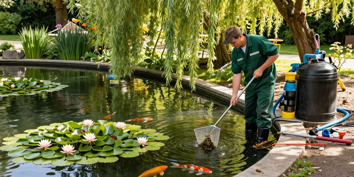 Pond Clean Surrey expert cleaning a picturesque garden pond surrounded by lush greenery and koi fish.