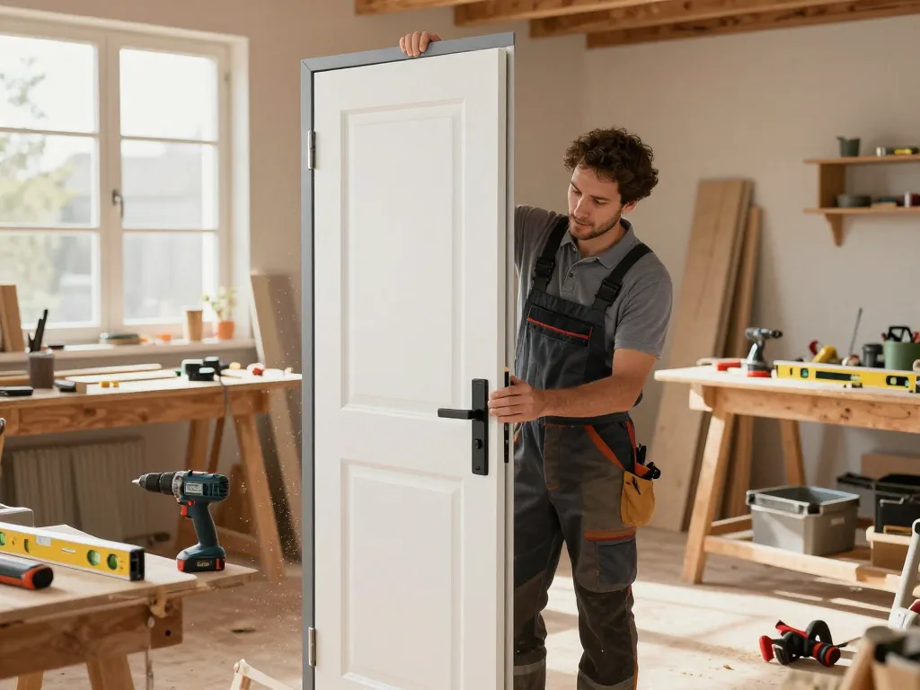 Installation einer nebeneingangstür in einer gut beleuchteten Werkstatt mit Werkzeugen und Tageslicht.