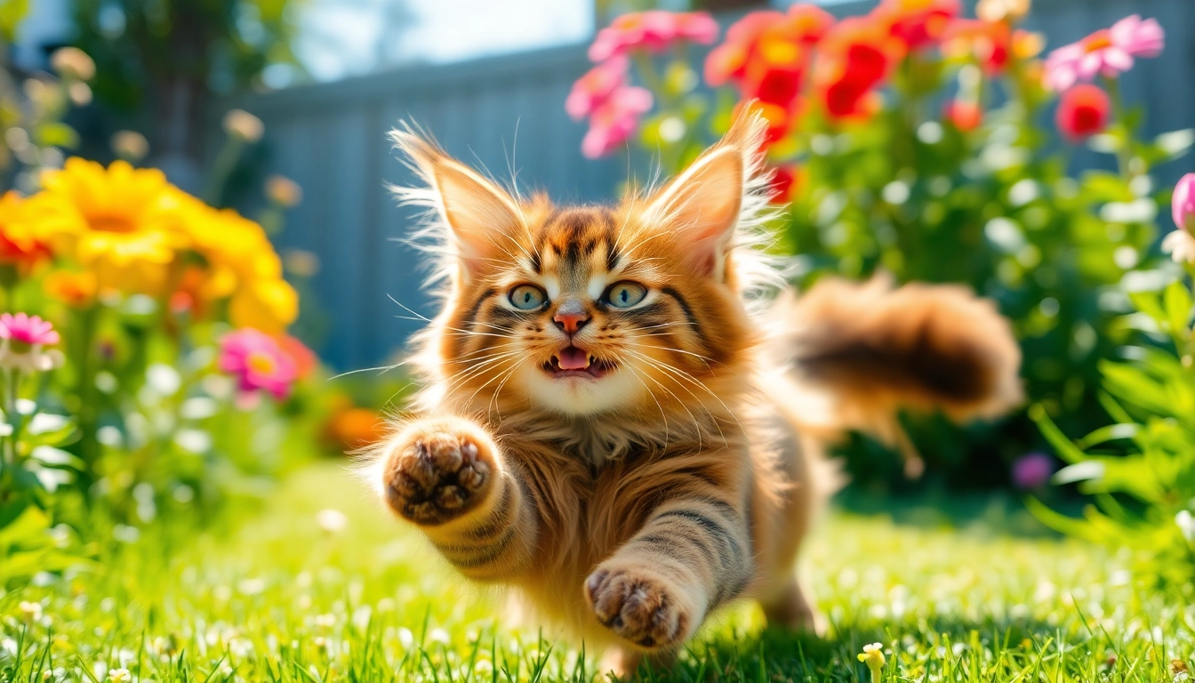 Maine Coon cats for sale Sacramento enjoying a playful moment in a sunny garden.
